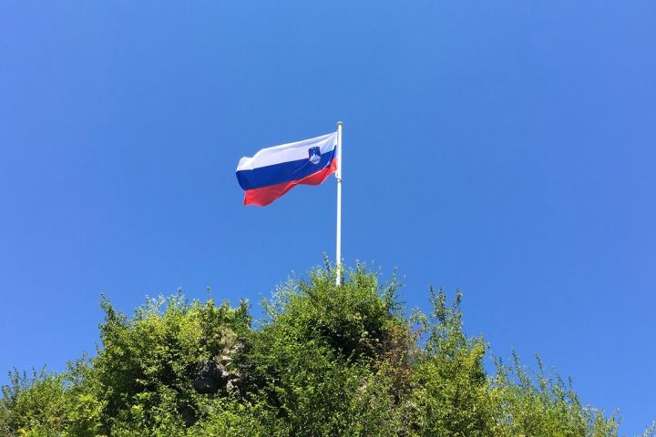 flaga słowenii na tle niebieskiego nieba
