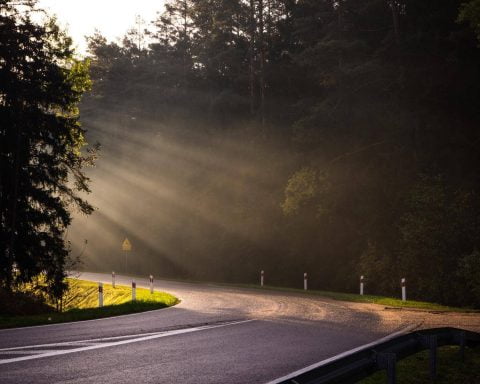 pusta ulica w promieniach słońca o poranku