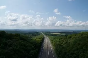 autostrada idąca w lesie pomiędzy drzewami
