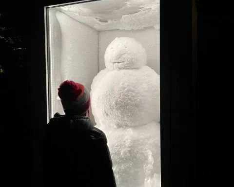 dziecko oglądające rzeźbę snowman w bazylei